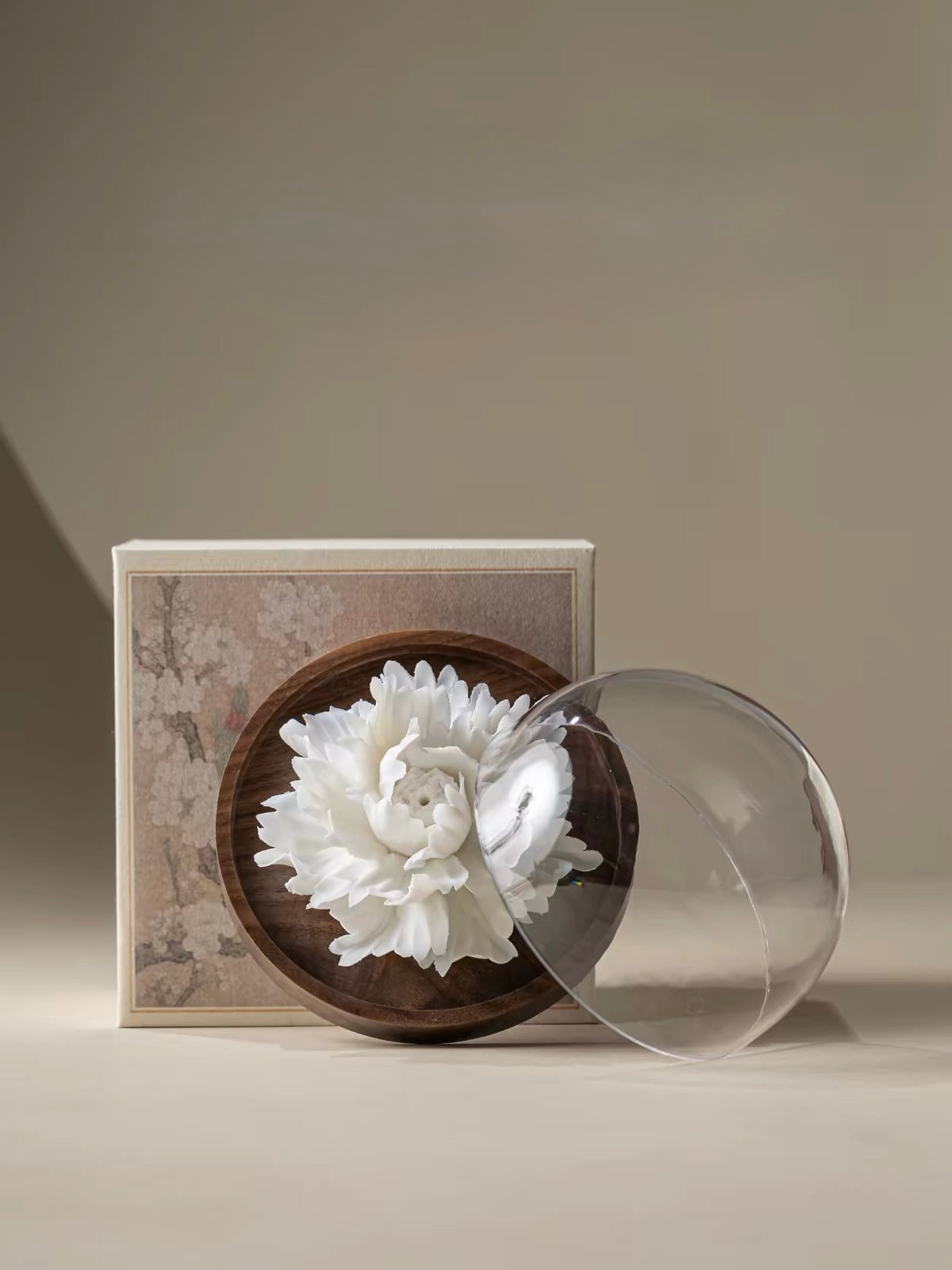 Handcrafted Jade Porcelain Peony Incense Holder – Sculpted Ceramic Flower with Optional Engraved Walnut Base