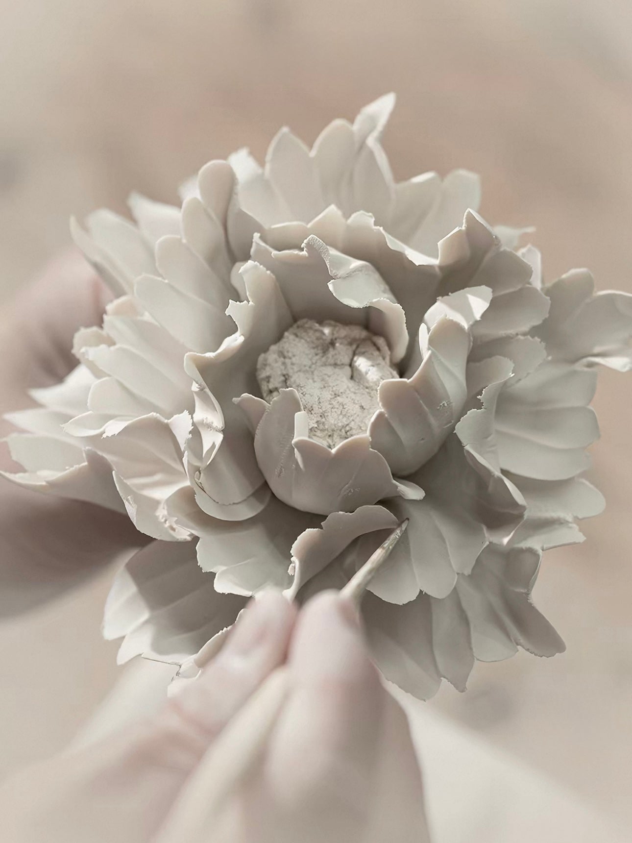 Handcrafted Jade Porcelain Peony Incense Holder – Sculpted Ceramic Flower with Optional Engraved Walnut Base