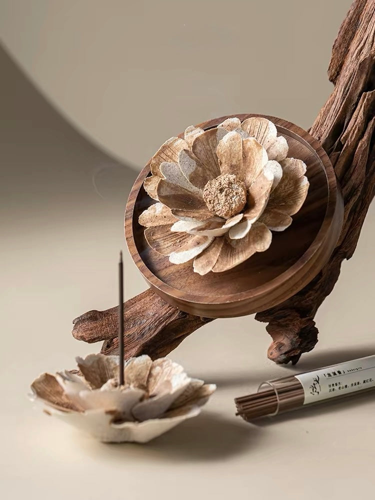 Handcrafted Wabi-Sabi Ceramic Flower Incense Holder – Artisan Porcelain Sculpture with Optional Engraved Walnut Base