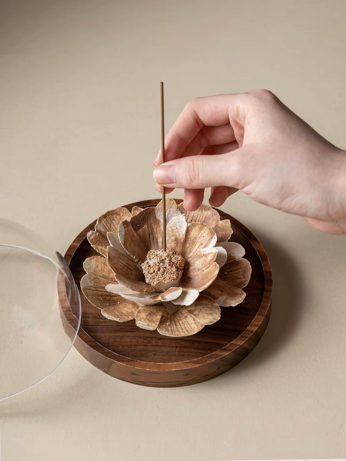 Handcrafted Wabi-Sabi Ceramic Flower Incense Holder – Artisan Porcelain Sculpture with Optional Engraved Walnut Base
