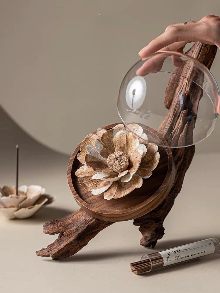 Handcrafted Wabi-Sabi Ceramic Flower Incense Holder – Artisan Porcelain Sculpture with Optional Engraved Walnut Base