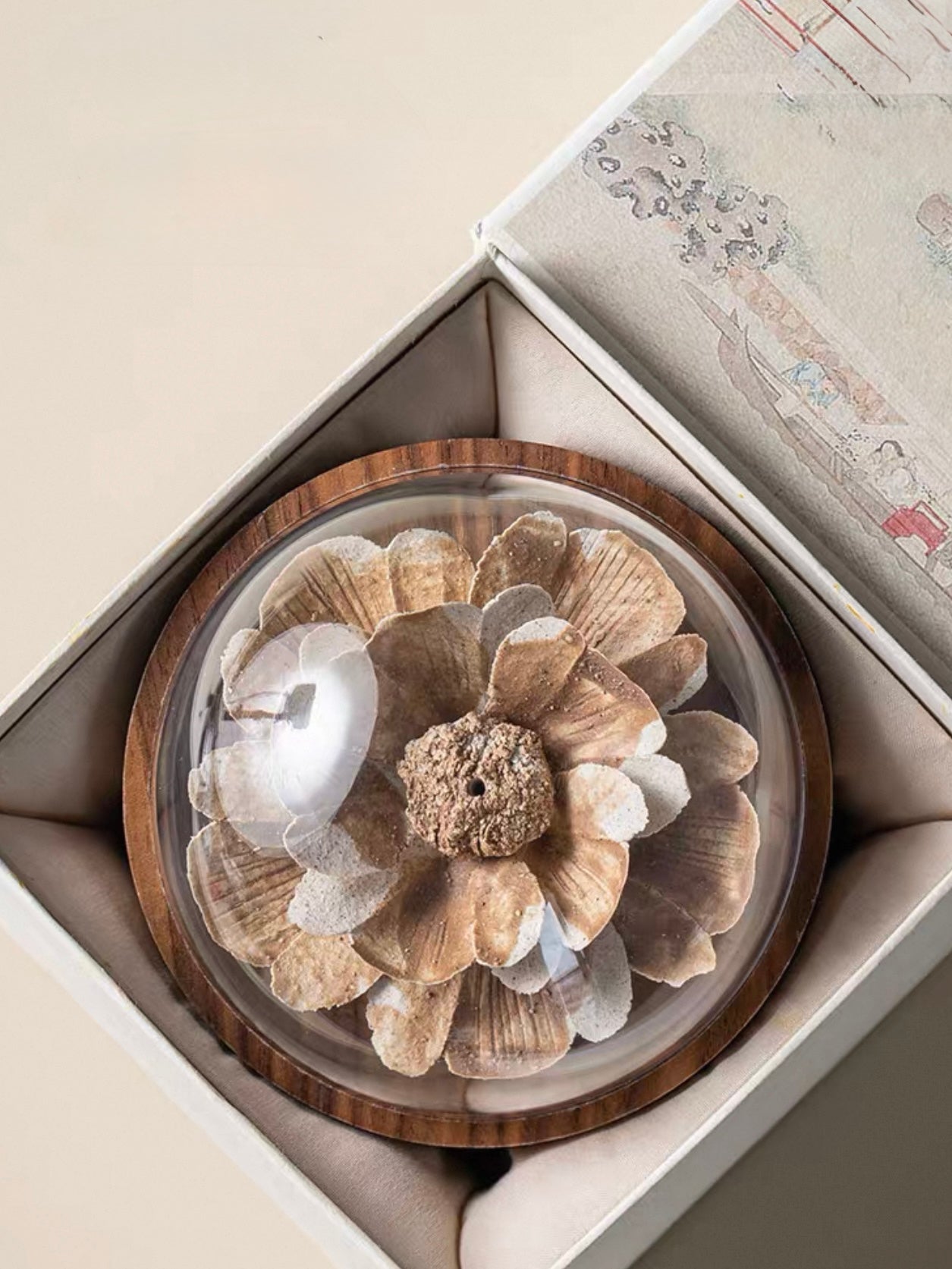 Handcrafted Wabi-Sabi Ceramic Flower Incense Holder – Artisan Porcelain Sculpture with Optional Engraved Walnut Base