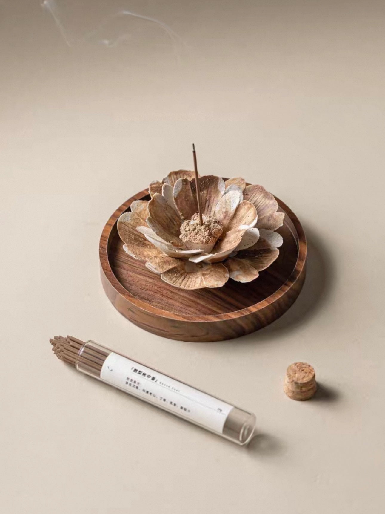 Handcrafted Wabi-Sabi Ceramic Flower Incense Holder – Artisan Porcelain Sculpture with Optional Engraved Walnut Base