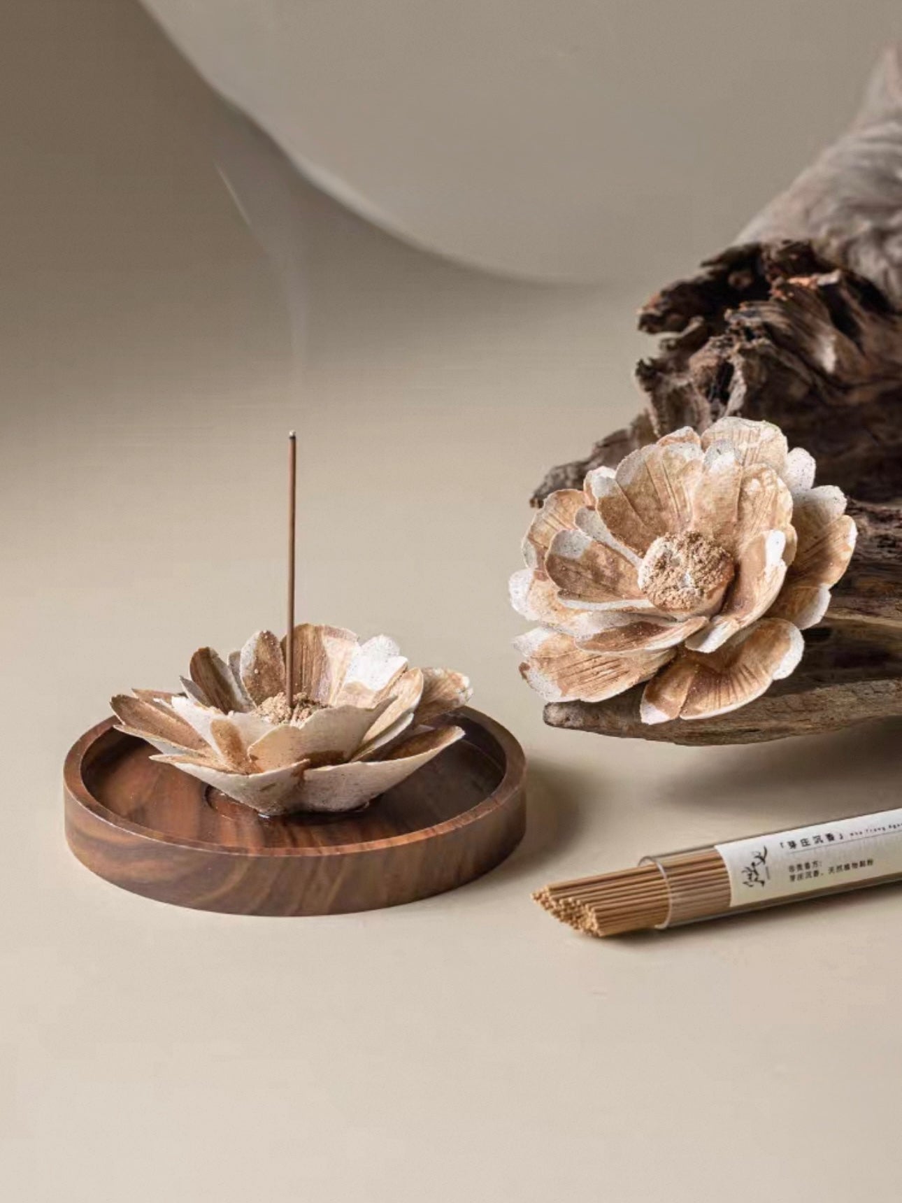 Handcrafted Wabi-Sabi Ceramic Flower Incense Holder – Artisan Porcelain Sculpture with Optional Engraved Walnut Base