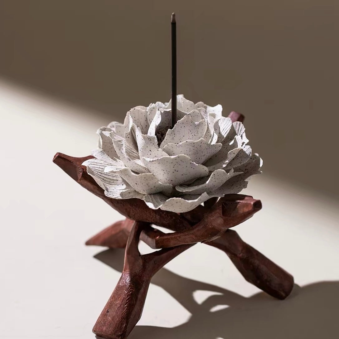 Handcrafted Ash Blossom Ceramic Incense Holder and Aroma Diffuser – Artisan Flower Sculpture with Optional Engraved Walnut Base
