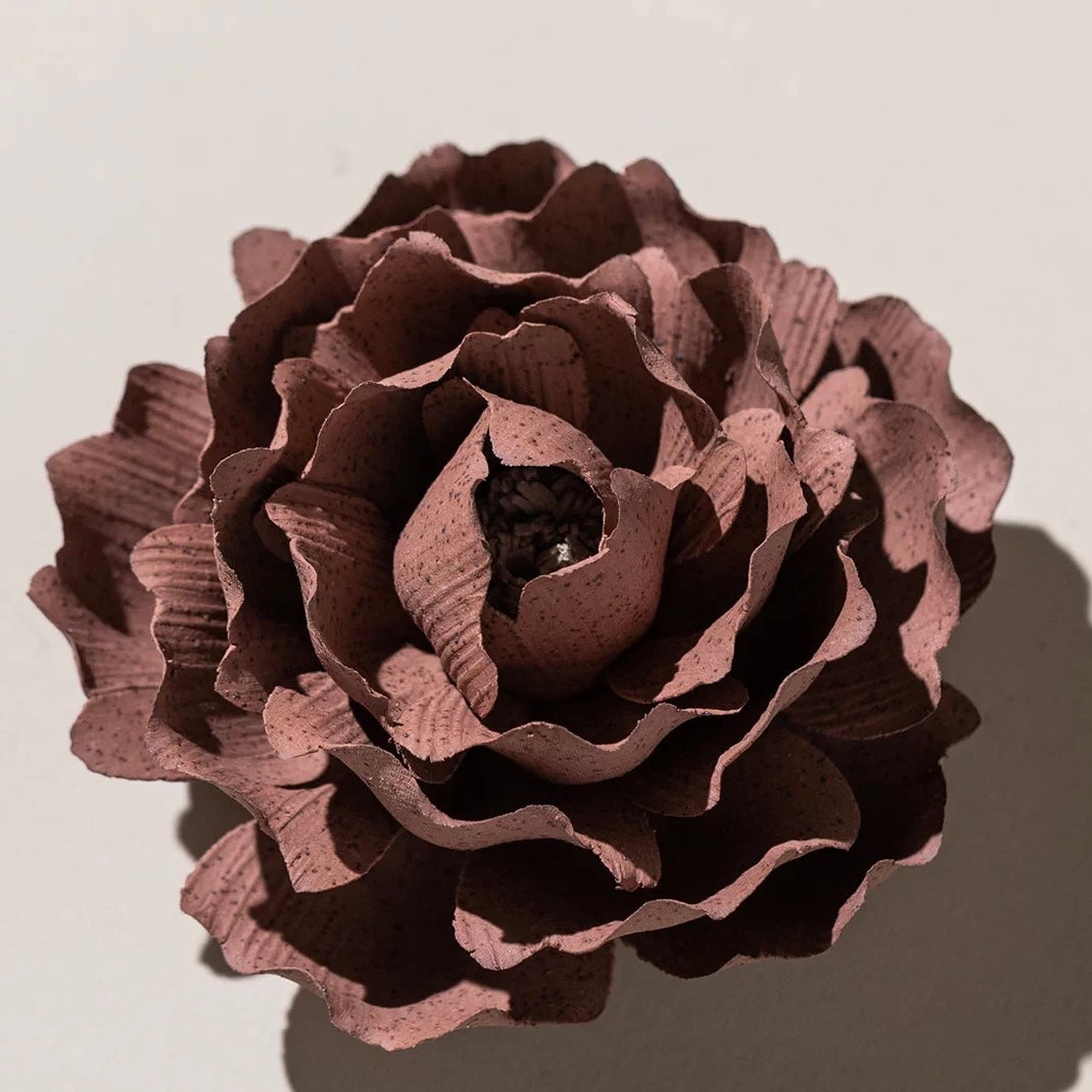 Handcrafted Crimson Blossom Ceramic Incense Holder and Aroma Diffuser – Artisan Flower Sculpture with Optional Engraved Walnut Base
