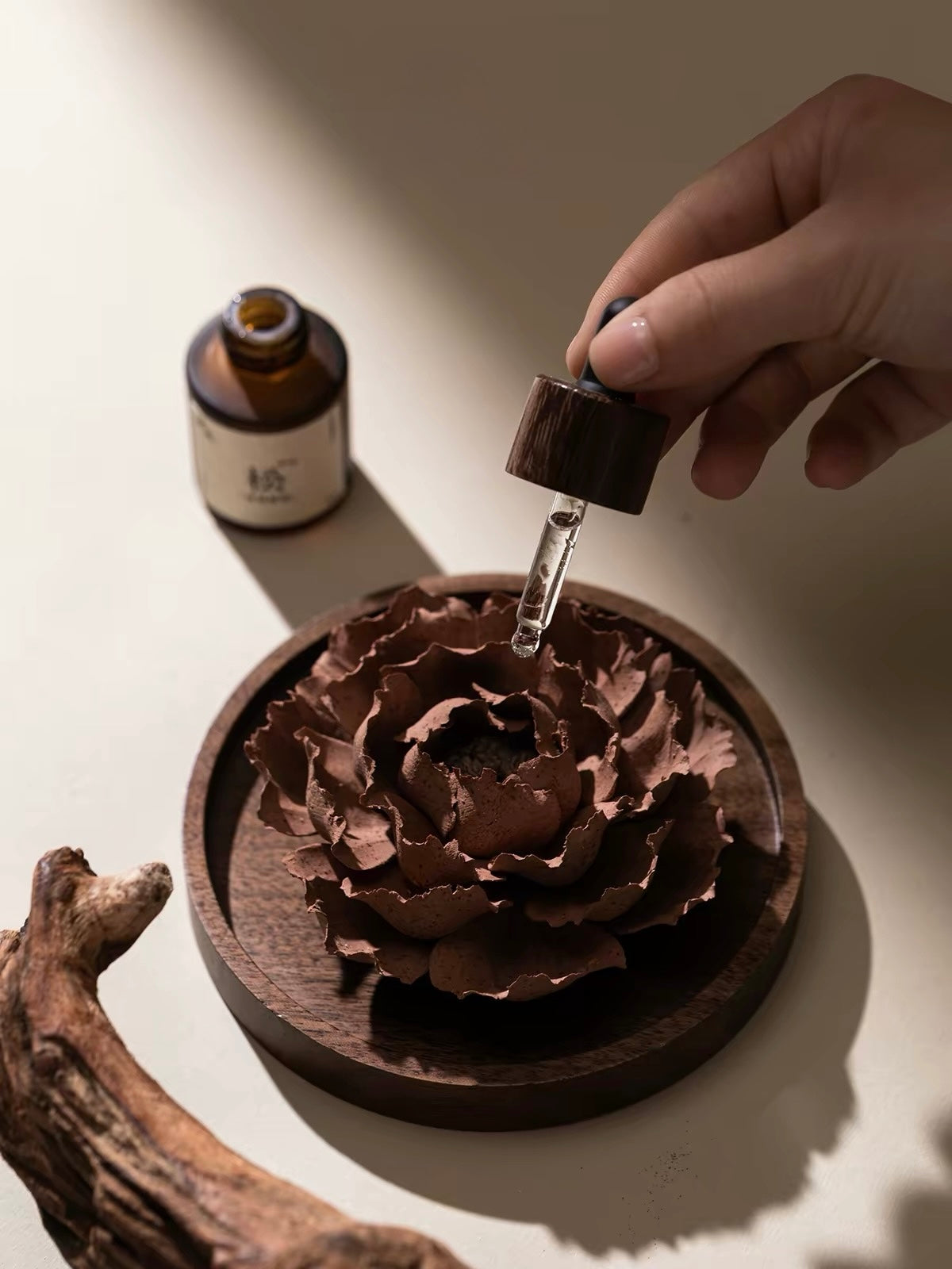 Handcrafted Crimson Blossom Ceramic Incense Holder and Aroma Diffuser – Artisan Flower Sculpture with Optional Engraved Walnut Base