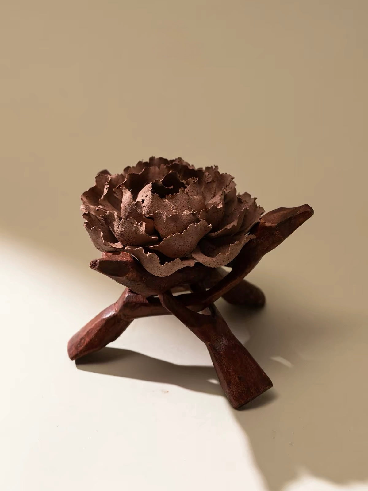 Handcrafted Crimson Blossom Ceramic Incense Holder and Aroma Diffuser – Artisan Flower Sculpture with Optional Engraved Walnut Base