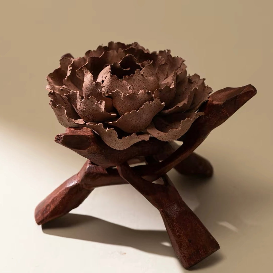 Handcrafted Crimson Blossom Ceramic Incense Holder and Aroma Diffuser – Artisan Flower Sculpture with Optional Engraved Walnut Base