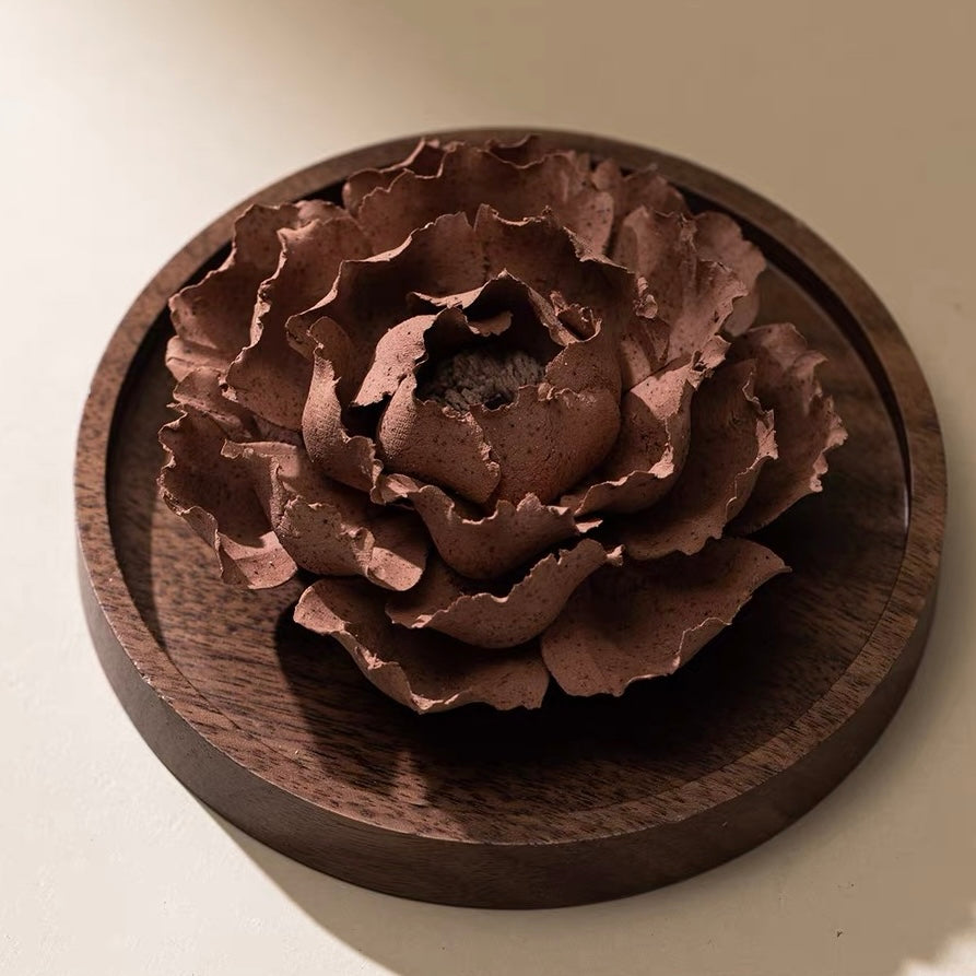 Handcrafted Crimson Blossom Ceramic Incense Holder and Aroma Diffuser – Artisan Flower Sculpture with Optional Engraved Walnut Base