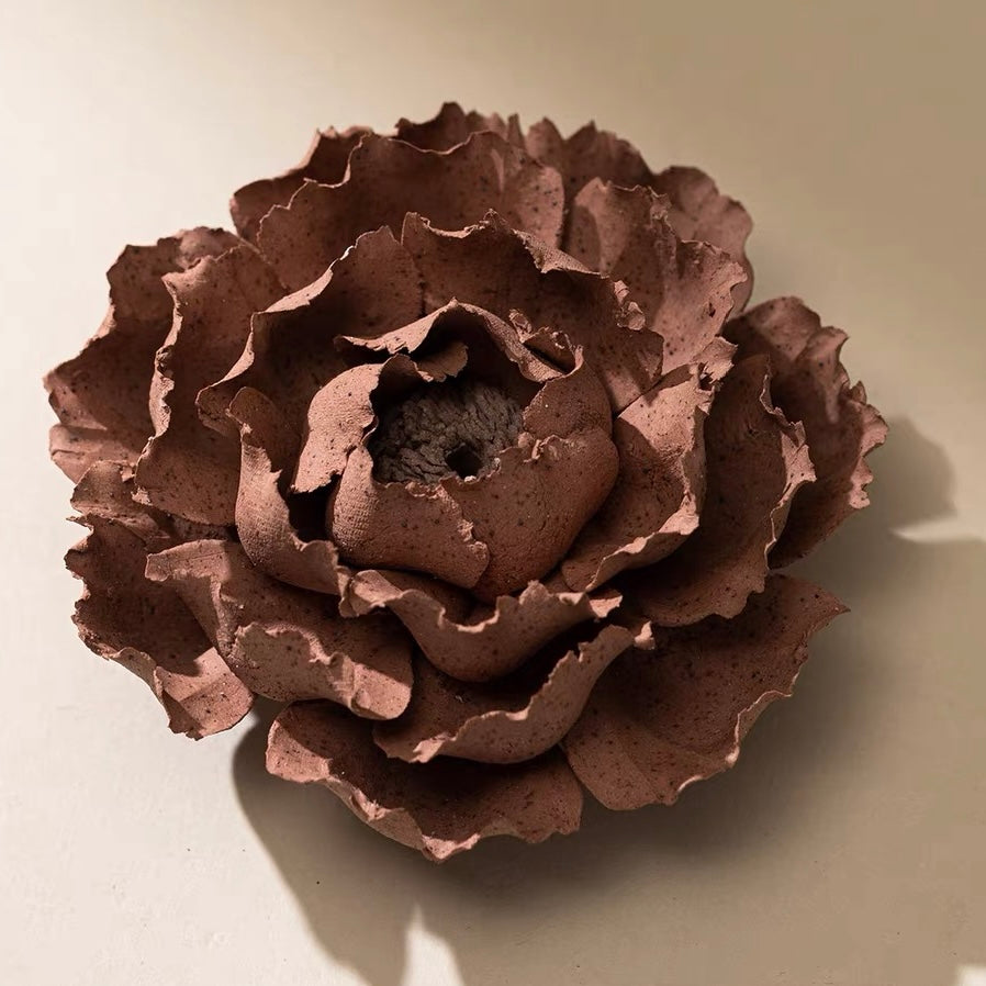Handcrafted Crimson Blossom Ceramic Incense Holder and Aroma Diffuser – Artisan Flower Sculpture with Optional Engraved Walnut Base