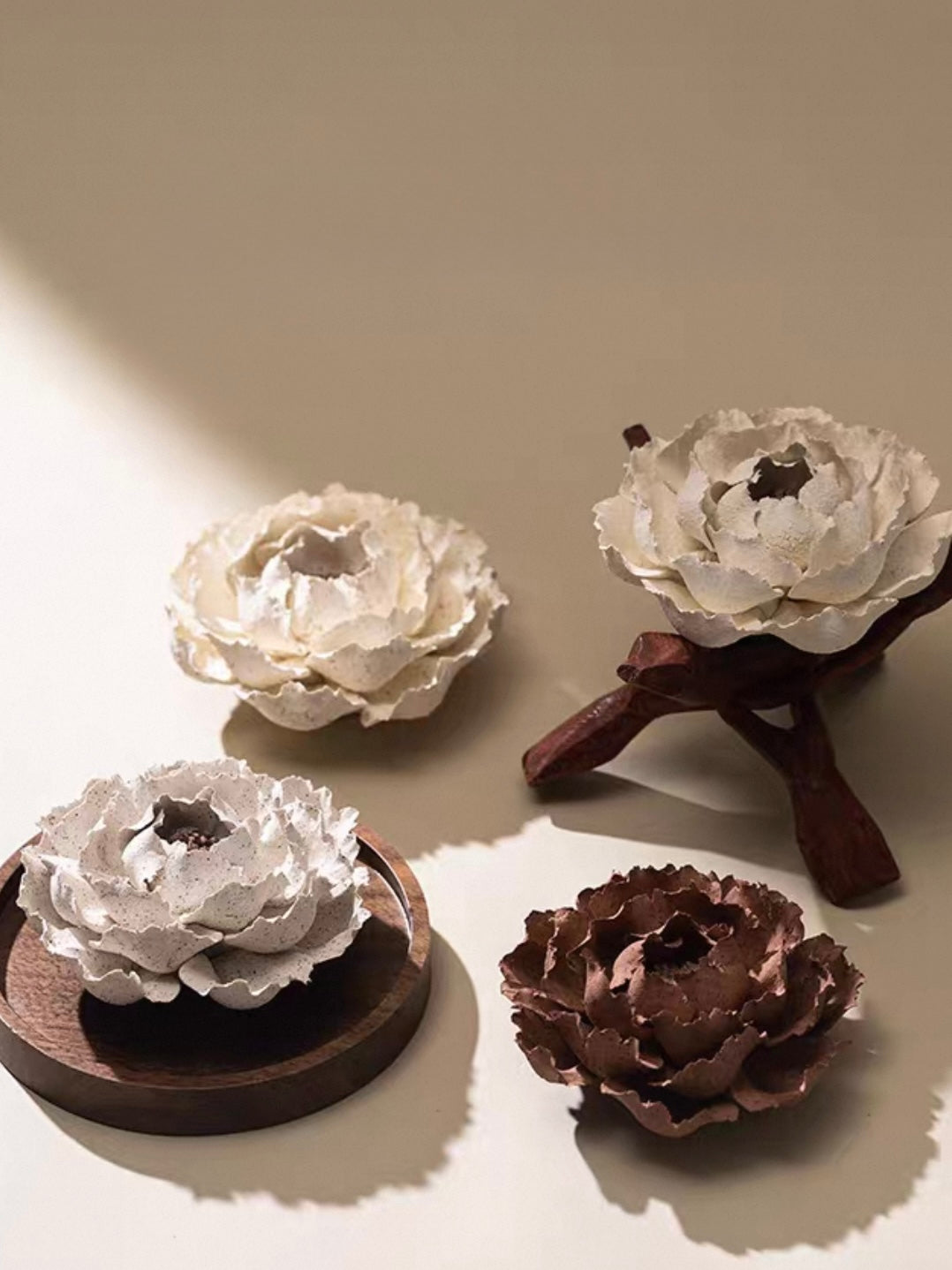 Handcrafted Crimson Blossom Ceramic Incense Holder and Aroma Diffuser – Artisan Flower Sculpture with Optional Engraved Walnut Base