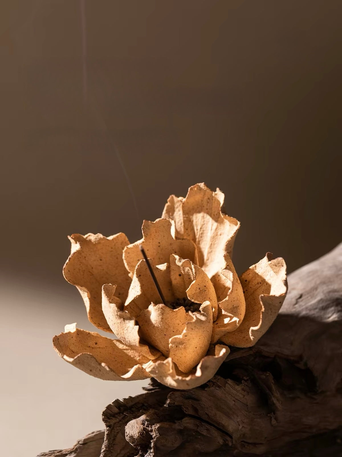 Handcrafted Wabi-Sabi Ceramic Flower Incense Holder and Aroma Diffuser – Artisan Sculpture with Optional Engraved Walnut Base