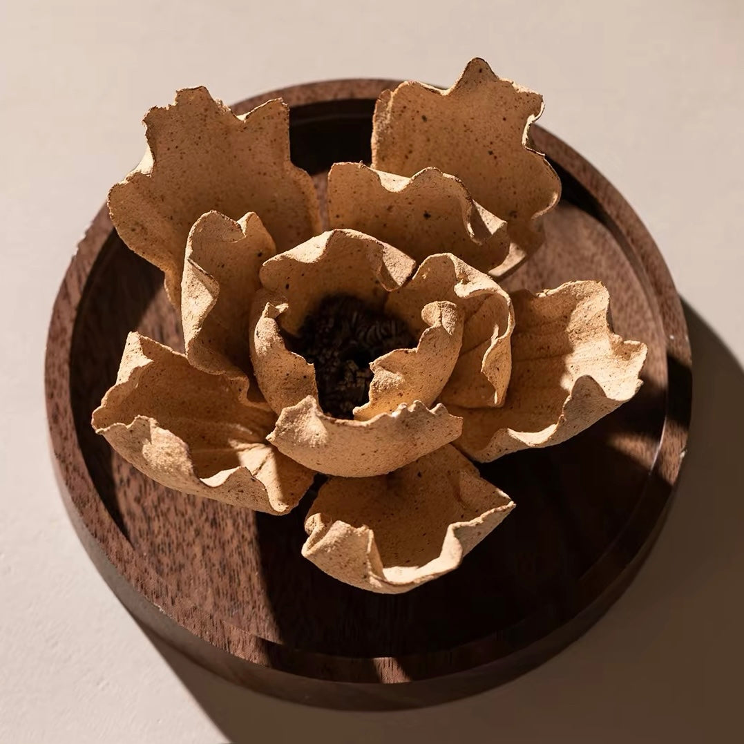 Handcrafted Wabi-Sabi Ceramic Flower Incense Holder and Aroma Diffuser – Artisan Sculpture with Optional Engraved Walnut Base