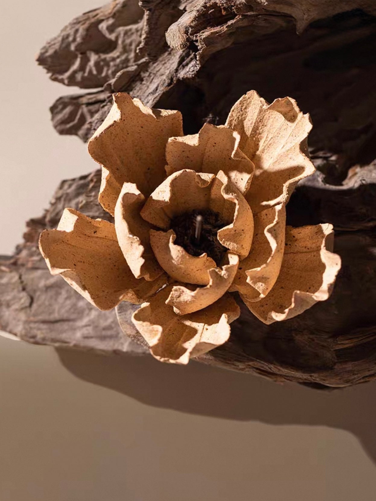 Handcrafted Wabi-Sabi Ceramic Flower Incense Holder and Aroma Diffuser – Artisan Sculpture with Optional Engraved Walnut Base