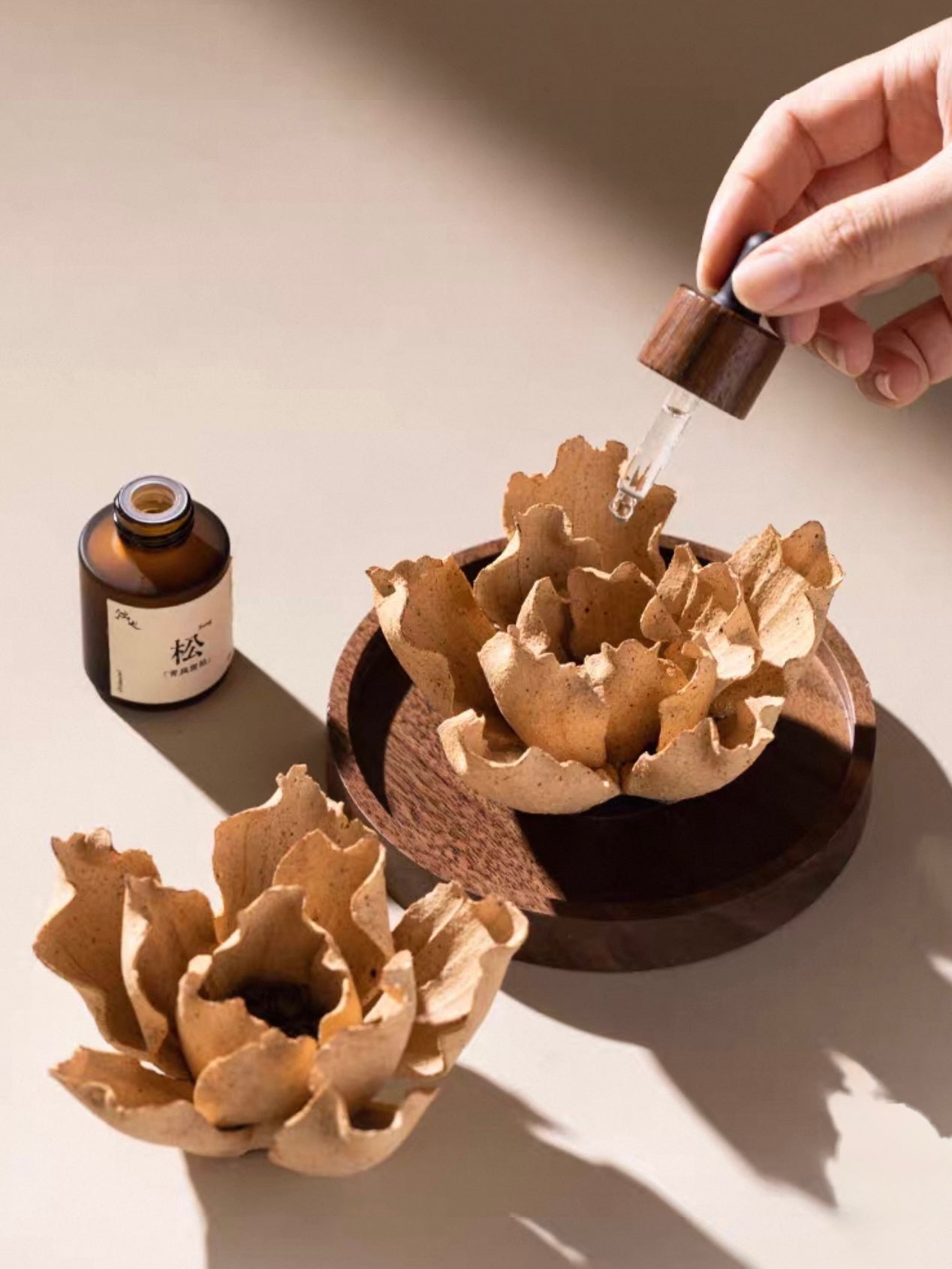 Handcrafted Wabi-Sabi Ceramic Flower Incense Holder and Aroma Diffuser – Artisan Sculpture with Optional Engraved Walnut Base