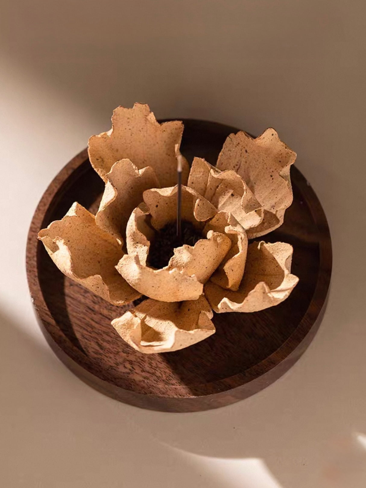 Handcrafted Wabi-Sabi Ceramic Flower Incense Holder and Aroma Diffuser – Artisan Sculpture with Optional Engraved Walnut Base