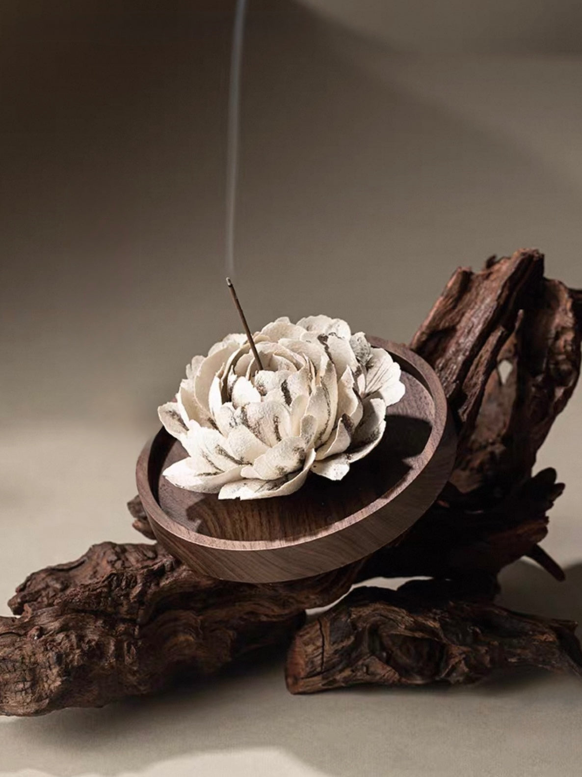 Handcrafted Peony Ceramic Incense Holder – Artisan Floral Sculpture with Walnut Base