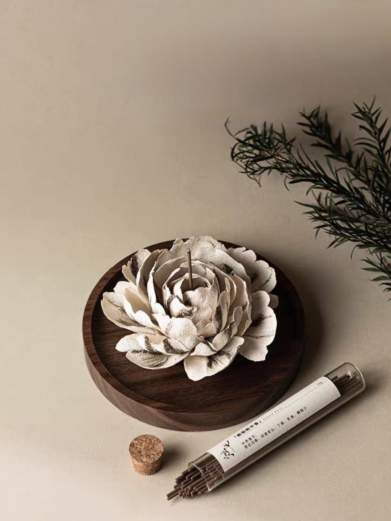 Handcrafted Peony Ceramic Incense Holder – Artisan Floral Sculpture with Walnut Base