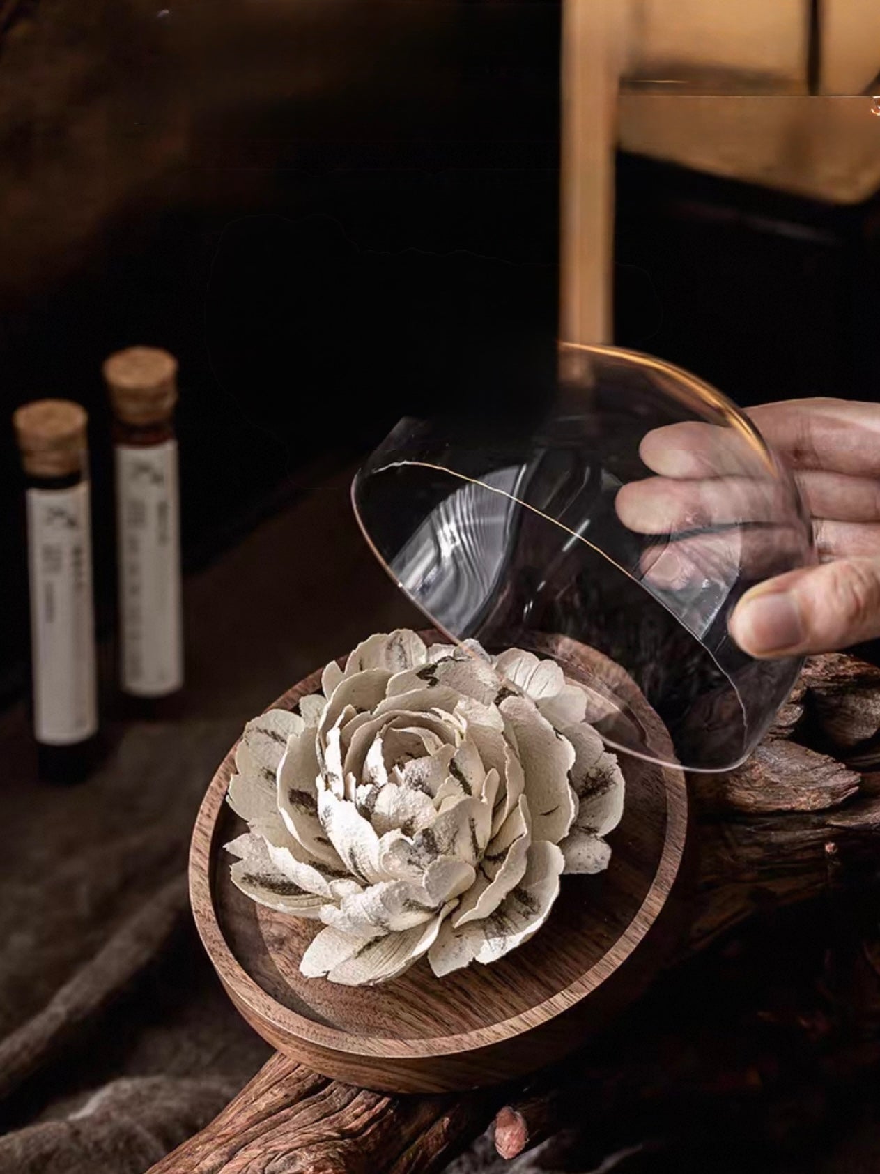Handcrafted Peony Ceramic Incense Holder – Artisan Floral Sculpture with Walnut Base