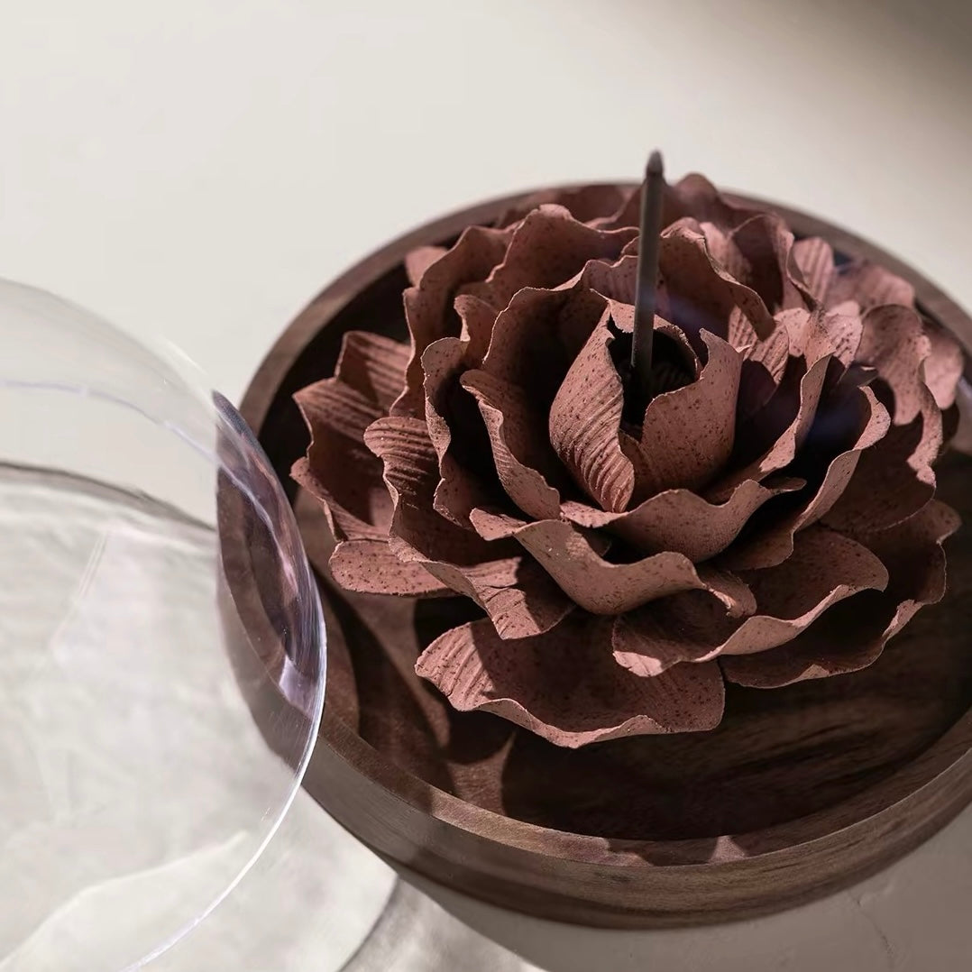 Handcrafted Crimson Ceramic Flower Incense Holder and Aroma Diffuser – Artisan Sculpture with Optional Engraved Walnut Base