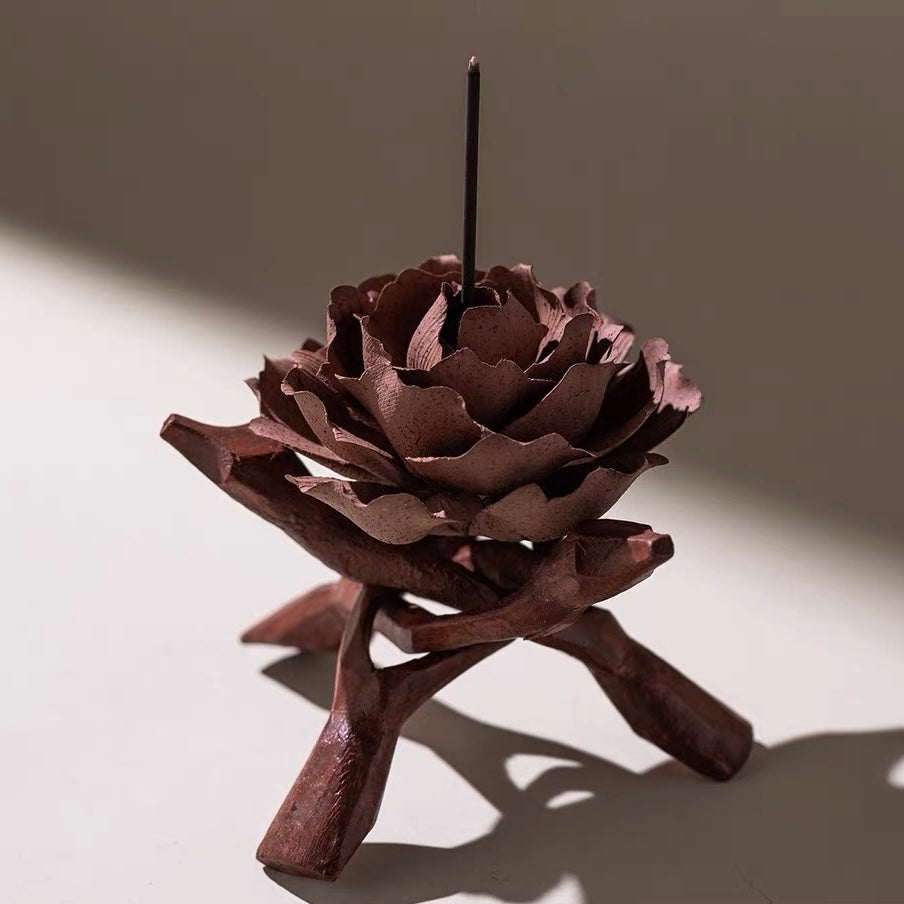 Handcrafted Crimson Ceramic Flower Incense Holder and Aroma Diffuser – Artisan Sculpture with Optional Engraved Walnut Base