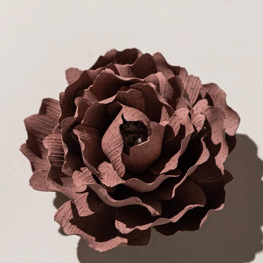 Handcrafted Crimson Ceramic Flower Incense Holder and Aroma Diffuser – Artisan Sculpture with Optional Engraved Walnut Base