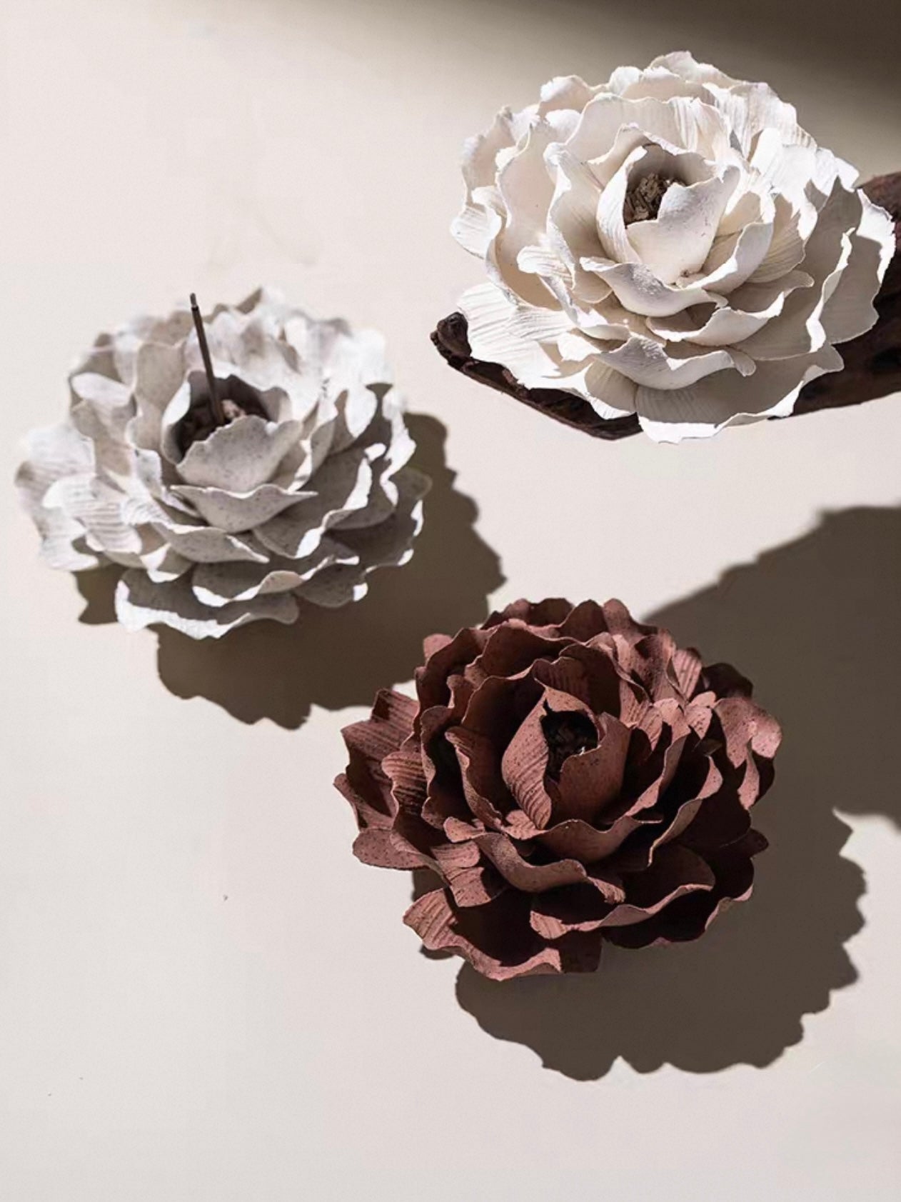 Handcrafted Crimson Ceramic Flower Incense Holder and Aroma Diffuser – Artisan Sculpture with Optional Engraved Walnut Base