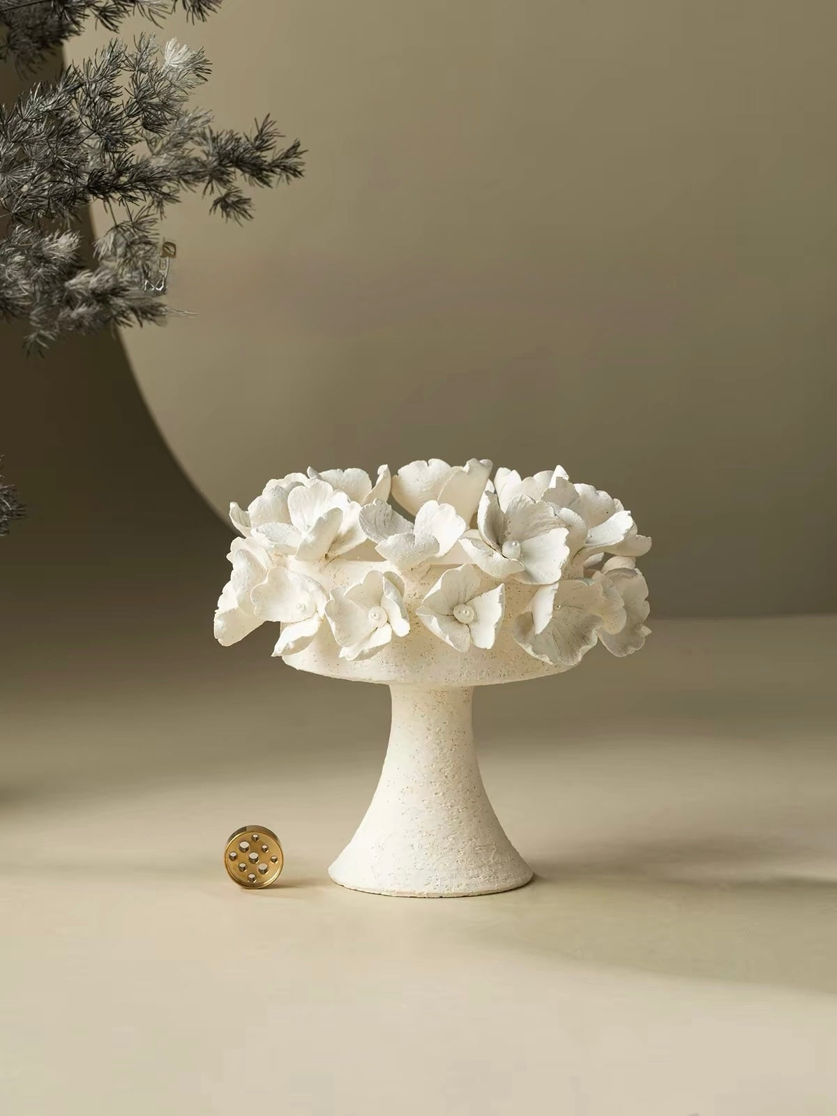 Handcrafted Bloom Ceramic Candle Holder and Incense Holder – Artisan Floral Centerpiece with Brass Incense Insert