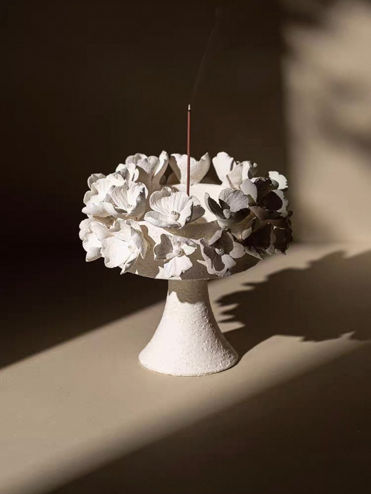 Handcrafted Bloom Ceramic Candle Holder and Incense Holder – Artisan Floral Centerpiece with Brass Incense Insert