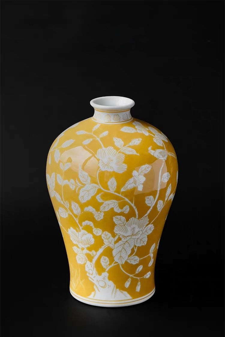 "Golden Orchid Prosperity" Handcrafted Ceramic Vase – Sculptural Floral Vessel in Imperial Yellow