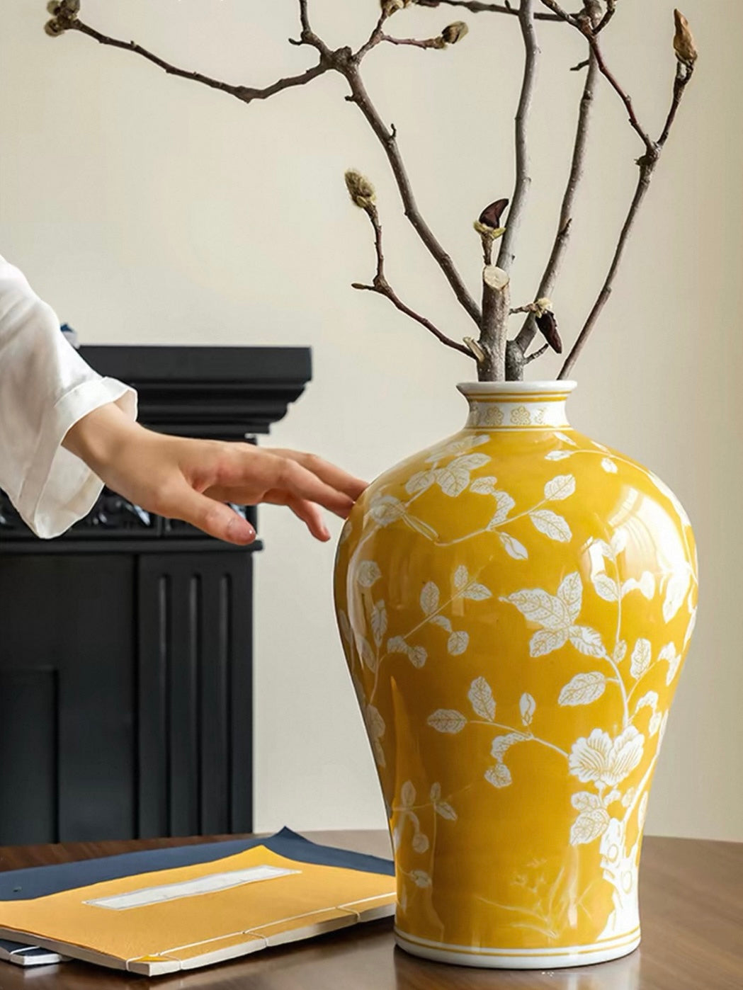 "Golden Orchid Prosperity" Handcrafted Ceramic Vase – Sculptural Floral Vessel in Imperial Yellow