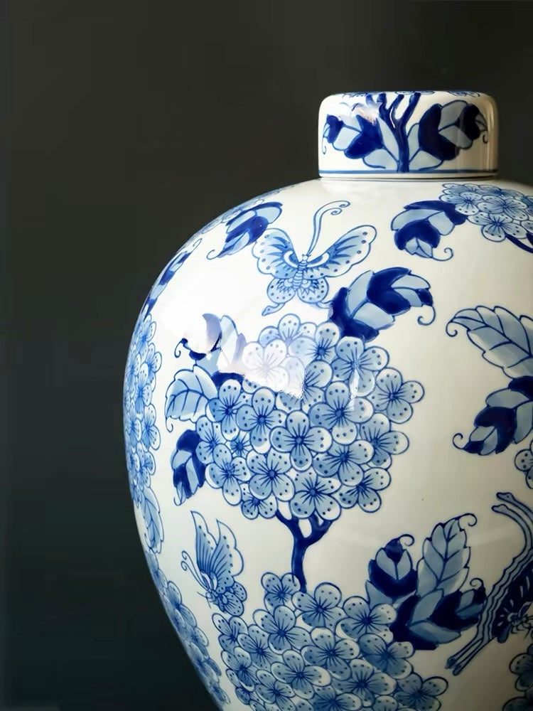 Blue and White Porcelain "Abundance" Vase – Handcrafted Butterfly and Floral Decorative Vase