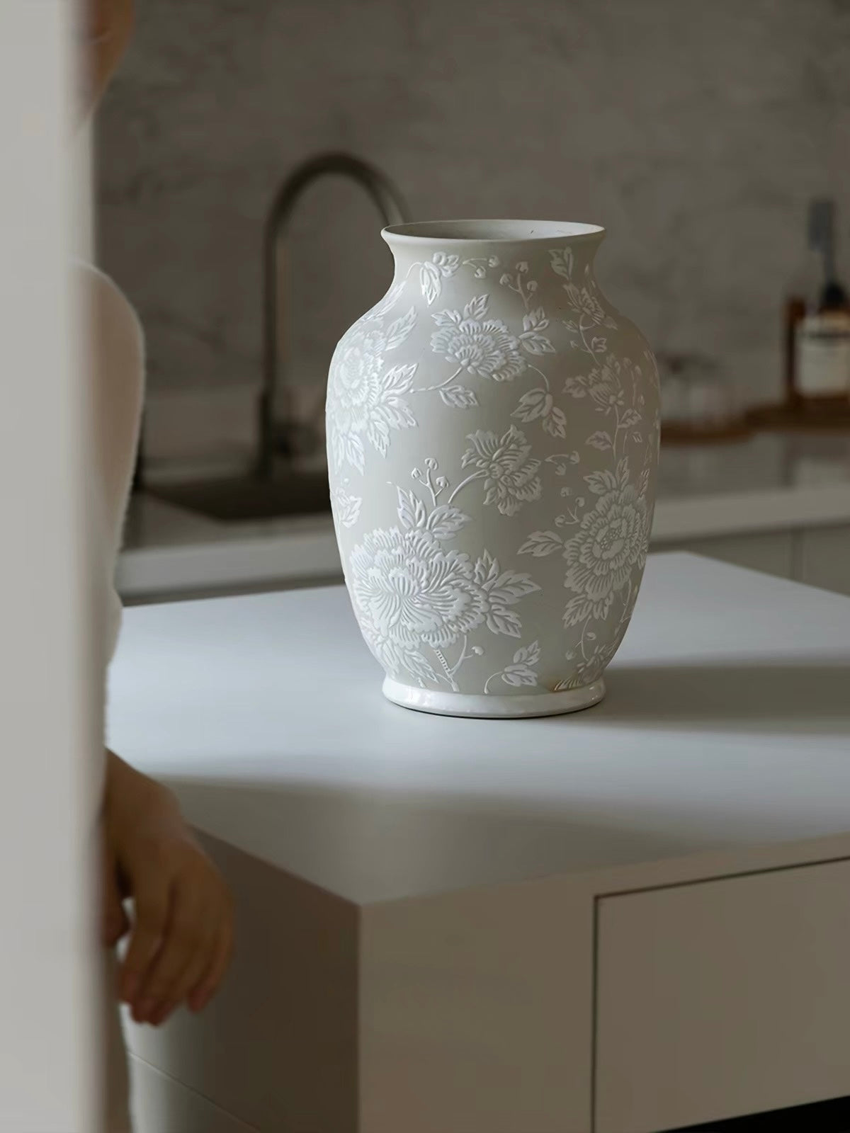 Handcrafted Grey Relief Floral Ceramic Vase – Sculptural Decorative Vase