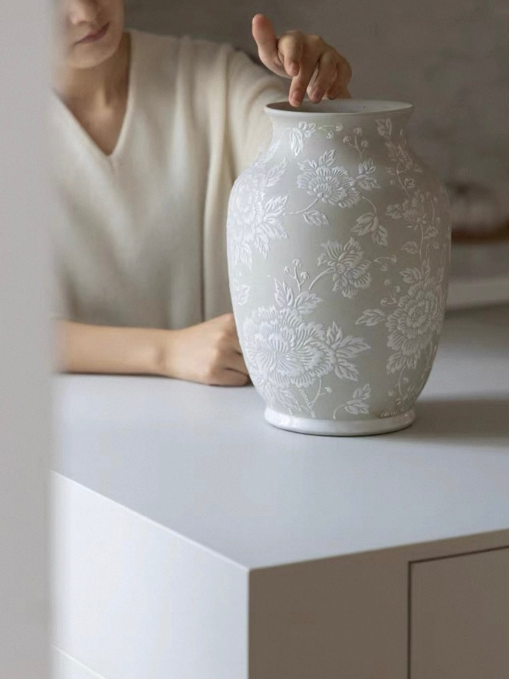 Handcrafted Grey Relief Floral Ceramic Vase – Sculptural Decorative Vase