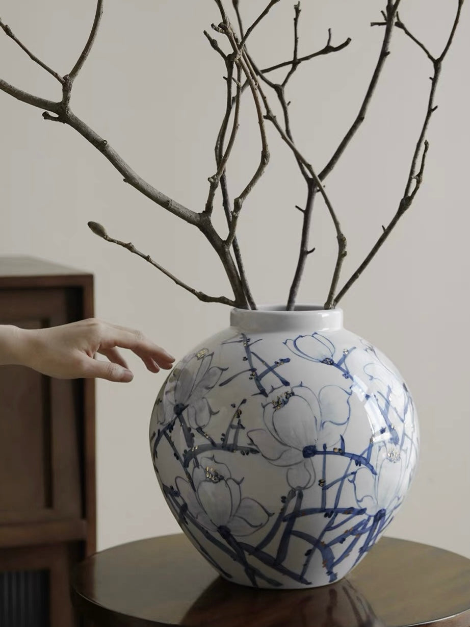 Handcrafted Blue Blossom Porcelain Vase with Gold Accents – Sculptural Floral Decorative Vase