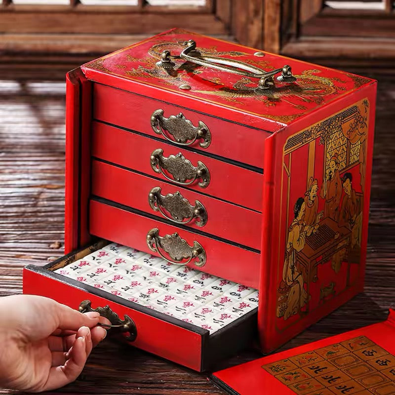 Carved Five-Drawer Travel Mahjong Set