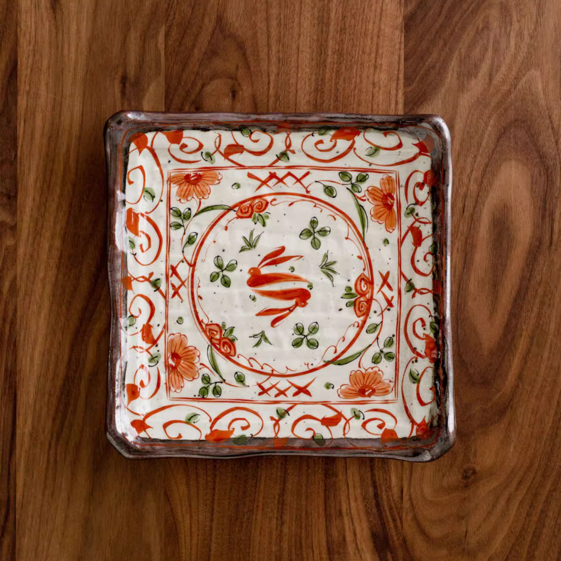 Authentic Mino-yaki "Akai" Rabbit Motif Large Platter