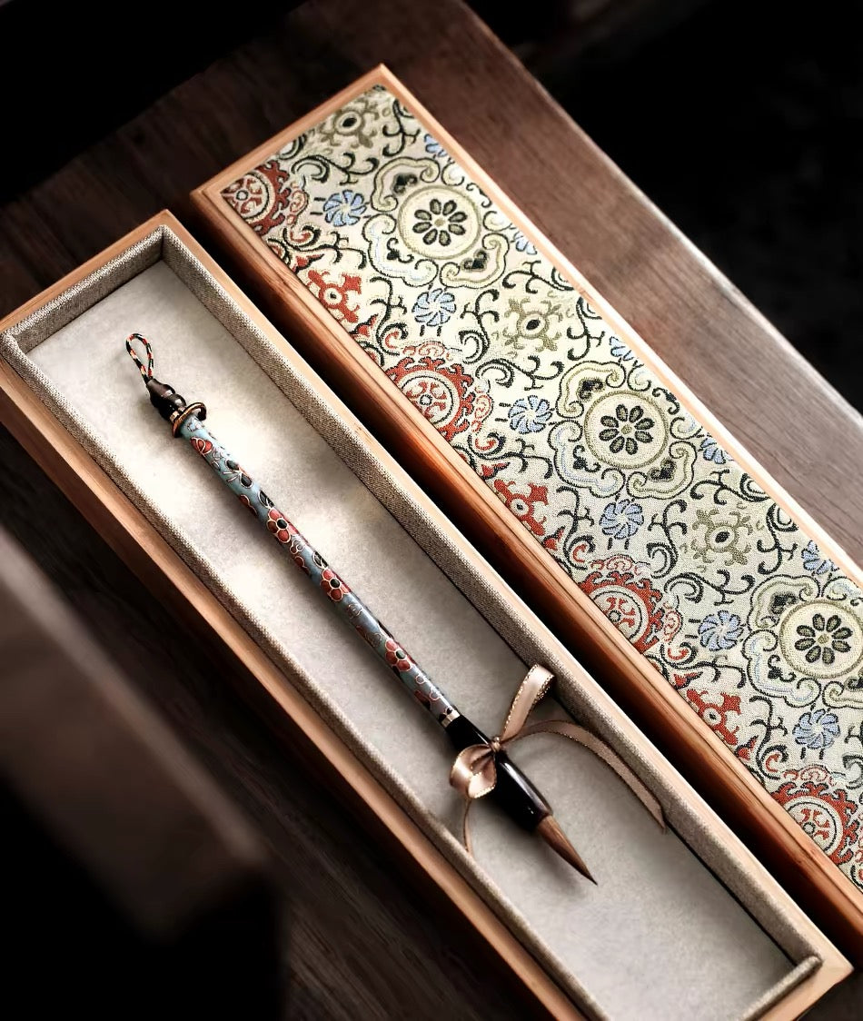 Cloisonné and Mother-of-Pearl Calligraphy Brush Gift Set