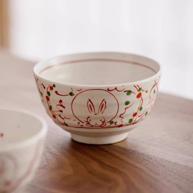 Authentic Hasami-yaki Hand-Painted Rabbit Motif Stoneware Bowl Set - Thumbnail 2