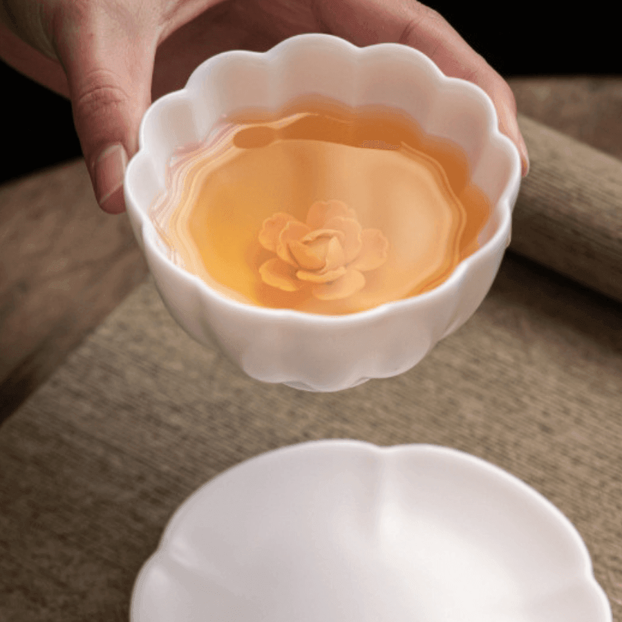 Handcrafted Ceramic Tea Cup & Mini Plate Set with Embedded Rose – Artistry in Bloom
