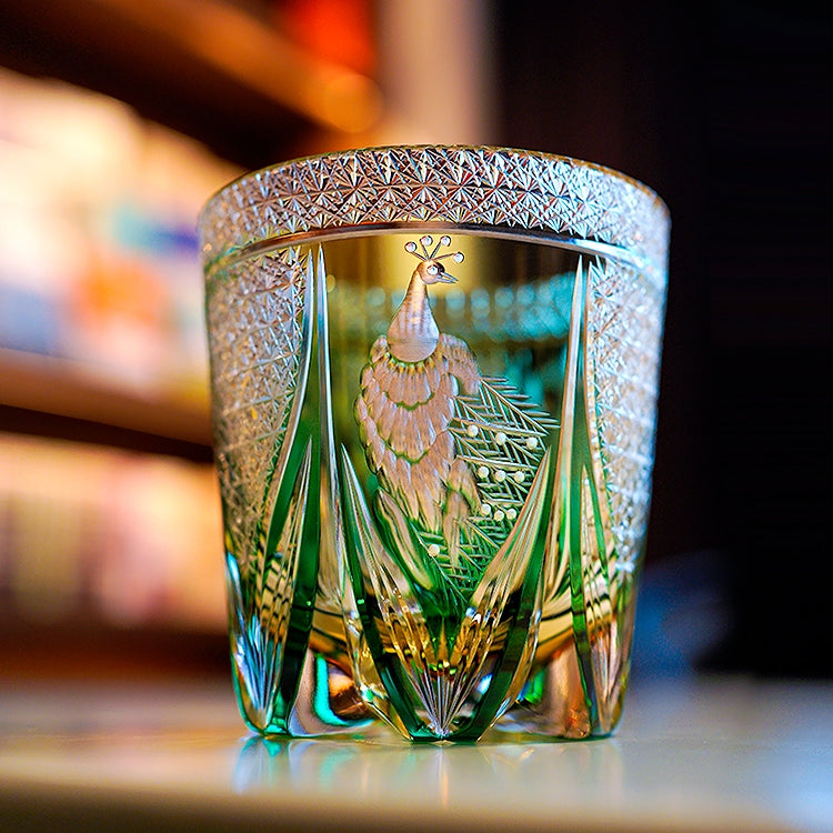 Edo Kiriko Handcrafted Emerald Peacock Whisky Glass – A Verdant Gem of Japanese Artistry