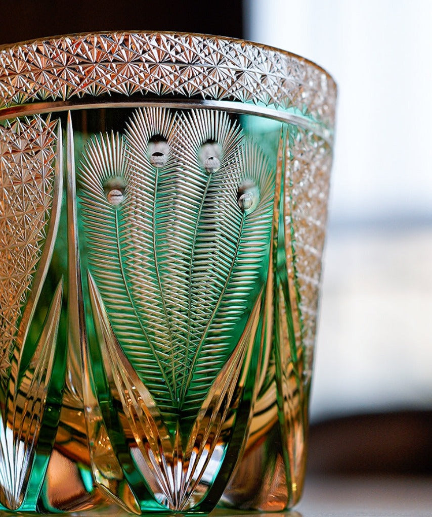 Edo Kiriko Handcrafted Emerald Peacock Whisky Glass – A Verdant Gem of Japanese Artistry