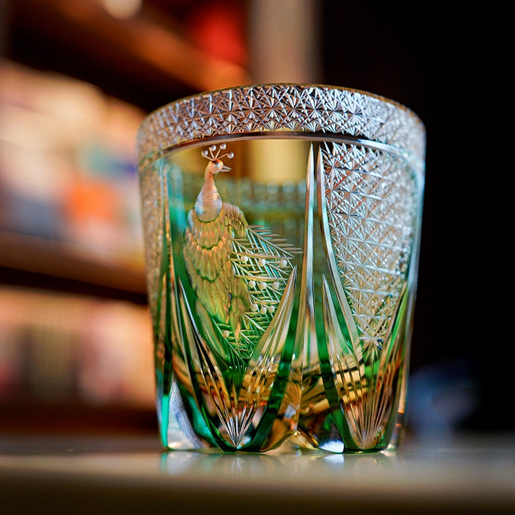 Edo Kiriko Handcrafted Emerald Peacock Whisky Glass – A Verdant Gem of Japanese Artistry