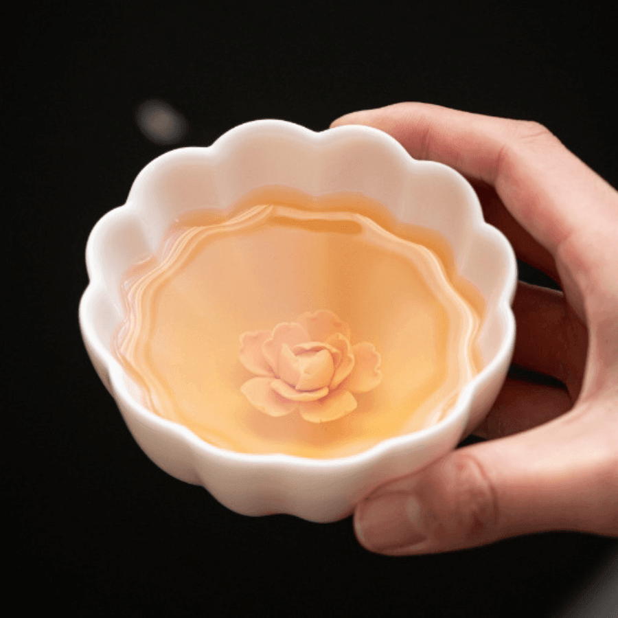 Handcrafted Ceramic Tea Cup & Mini Plate Set with Embedded Rose – Artistry in Bloom