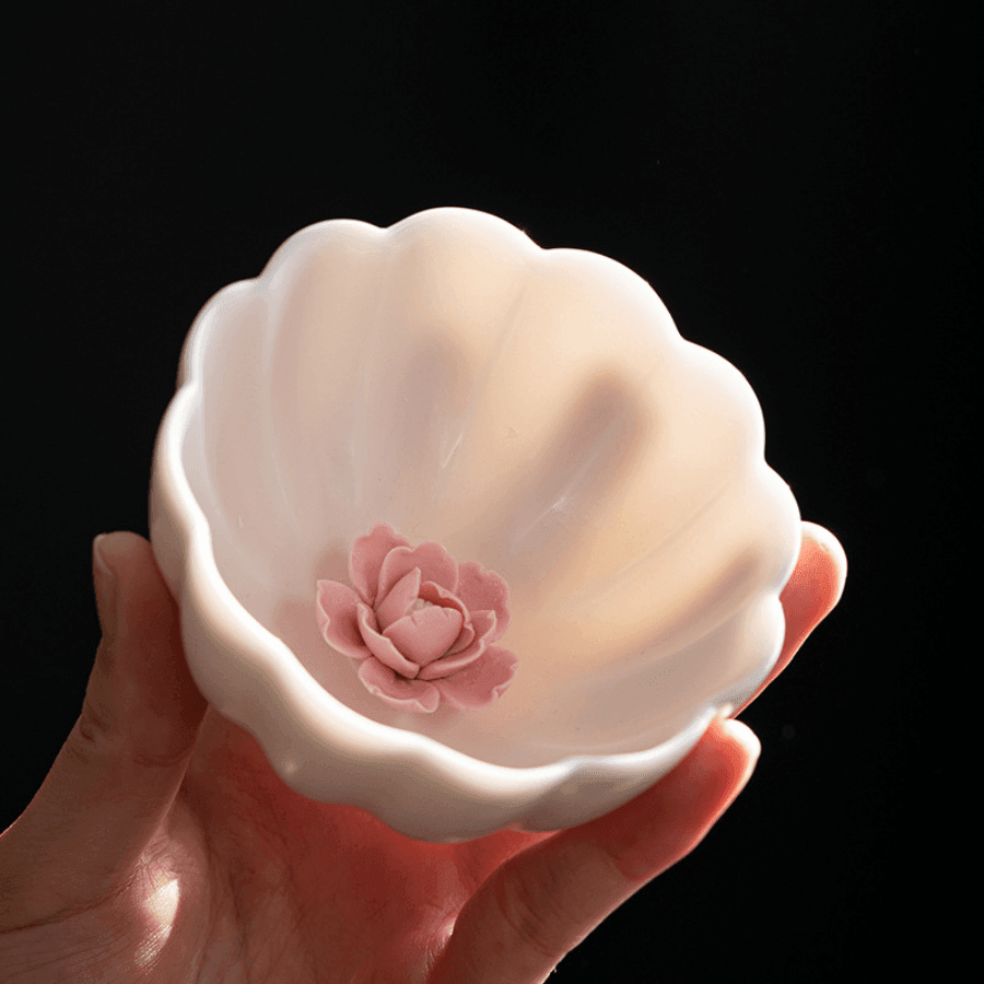 Handcrafted Ceramic Tea Cup & Mini Plate Set with Embedded Rose – Artistry in Bloom