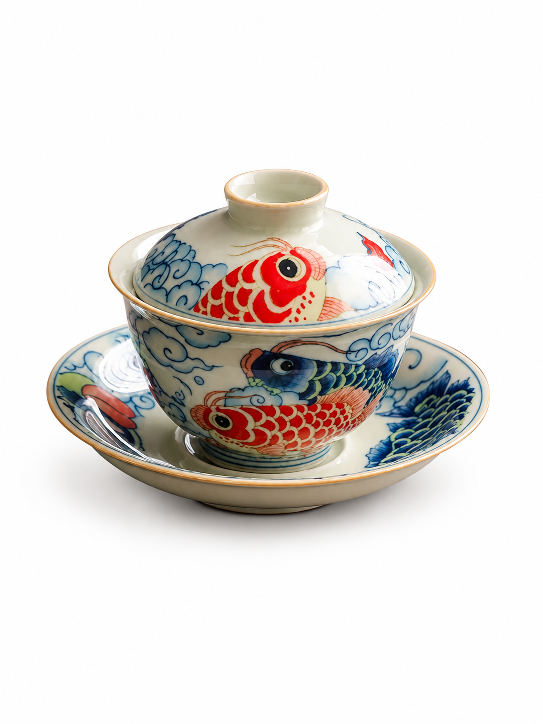 Handmade Sancai Gaiwan Teacup: Dragon Fish & Yuanbao Design