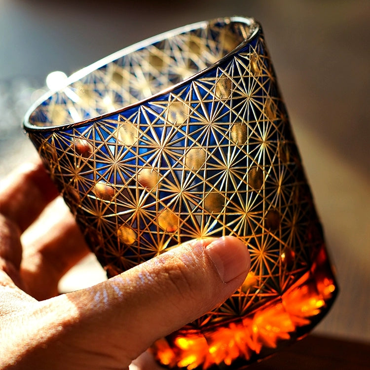 Edo Kiriko "Star Chrysanthemum" Whisky Glasses: Handcrafted Amber Crystal with Wooden Presentation Box