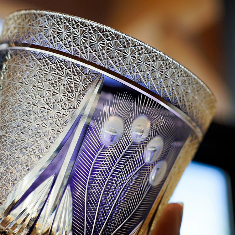 Edo Kiriko Handcrafted Violet Peacock Whisky Glass – A Royal Bloom in Crystal