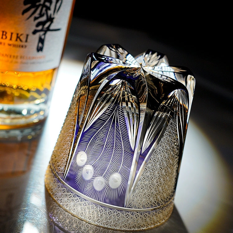 Edo Kiriko Handcrafted Violet Peacock Whisky Glass – A Royal Bloom in Crystal